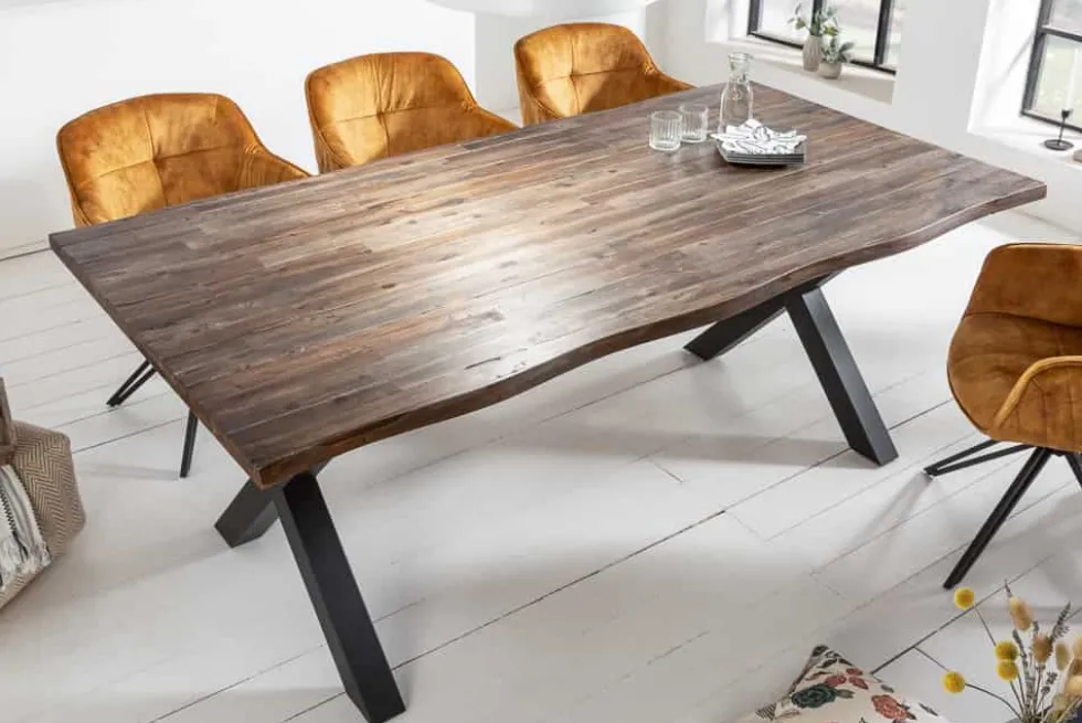 Massivholz Esstisch GENESIS VINTAGE 160cm braun Akazie schwarzes X-Gestell Baumkante