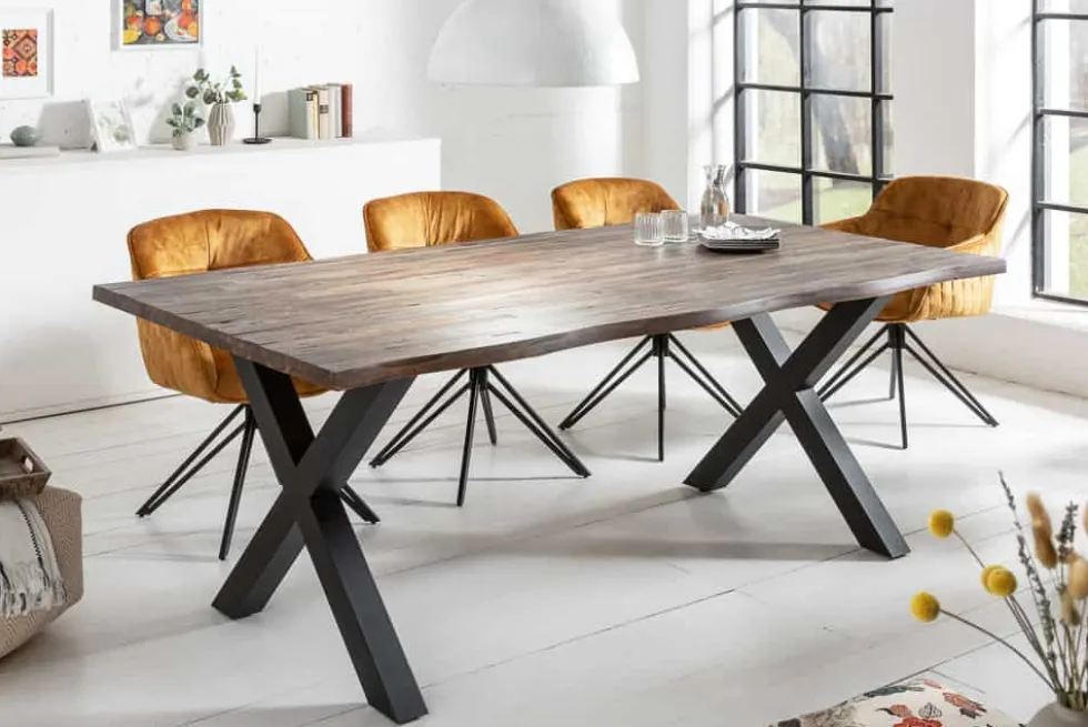 Massivholz Esstisch GENESIS VINTAGE 160cm braun Akazie schwarzes X-Gestell Baumkante