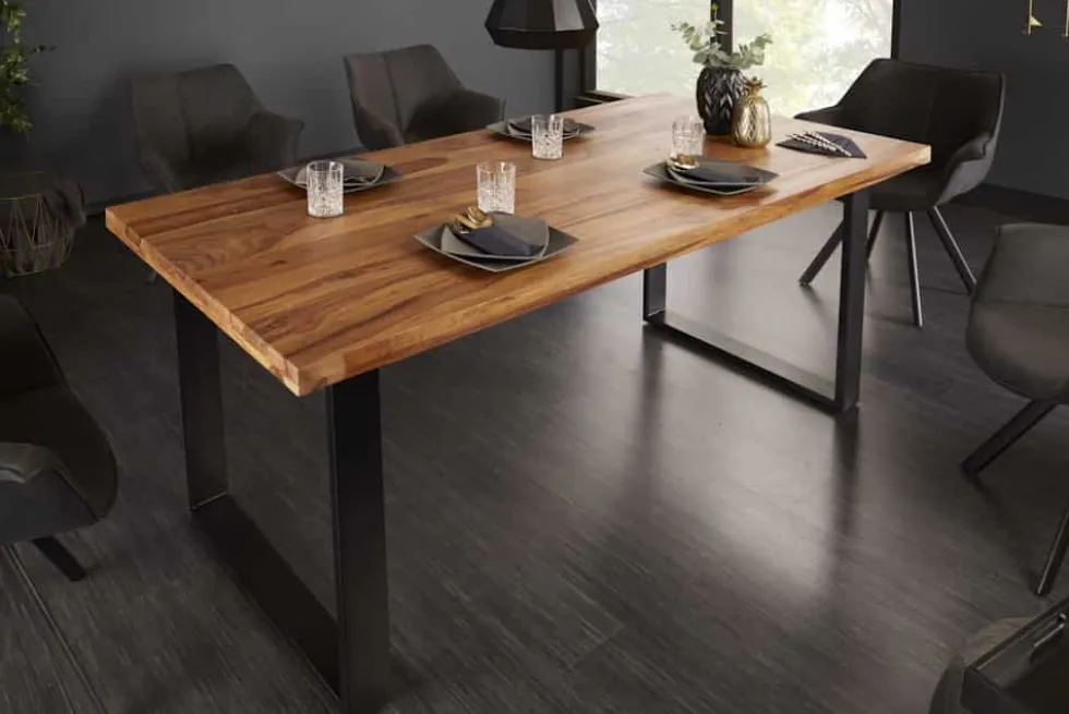 Massivholz Esstisch IRON CRAFT 160cm braun schwarz Sheesham stone finish Industrial