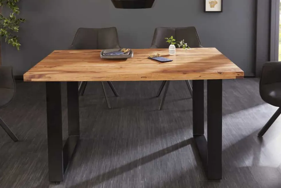 Massivholz Esstisch IRON CRAFT 120cm braun Sheesham schwarze Metallbeine stone finish