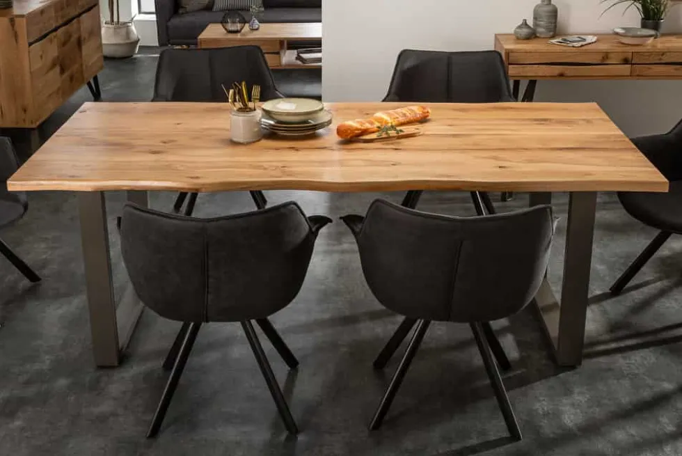 Massivholz Esstisch LIVING EDGE 160cm natur Wildeiche geölt Baumkante Metallgestell