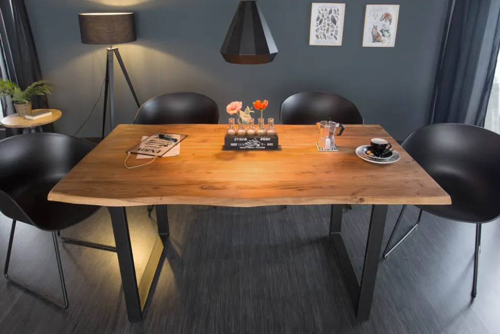 Massivholz Esstisch MAMMUT 140cm Wild-Akazie Baumkante Industrial Design 2,6cm Tischplatte