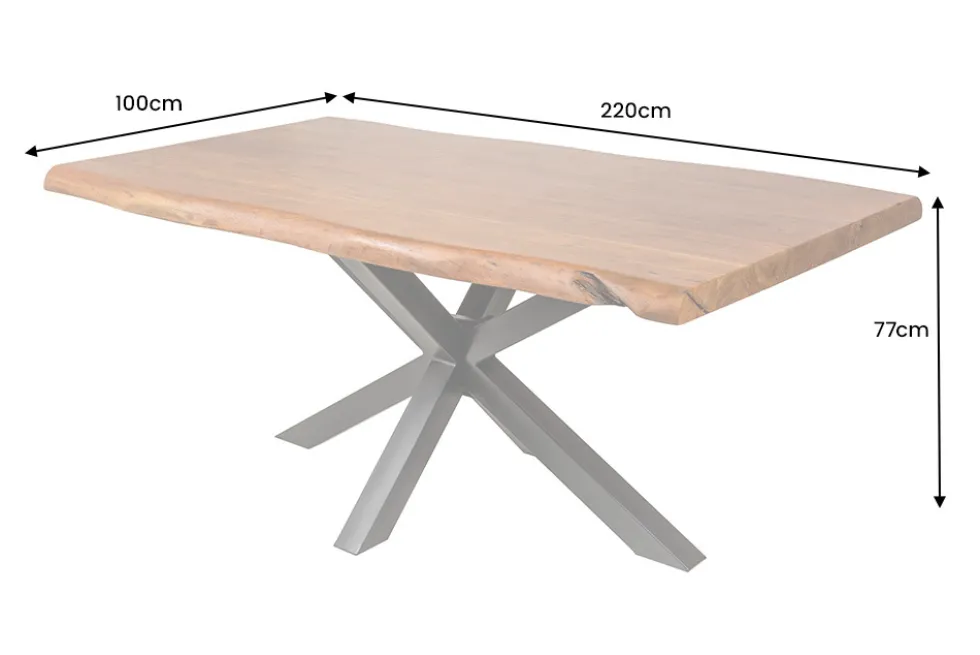 Massivholz Esstisch MAMMUT 220cm natur Akazie Sterngestell schwarz Metall Baumkante