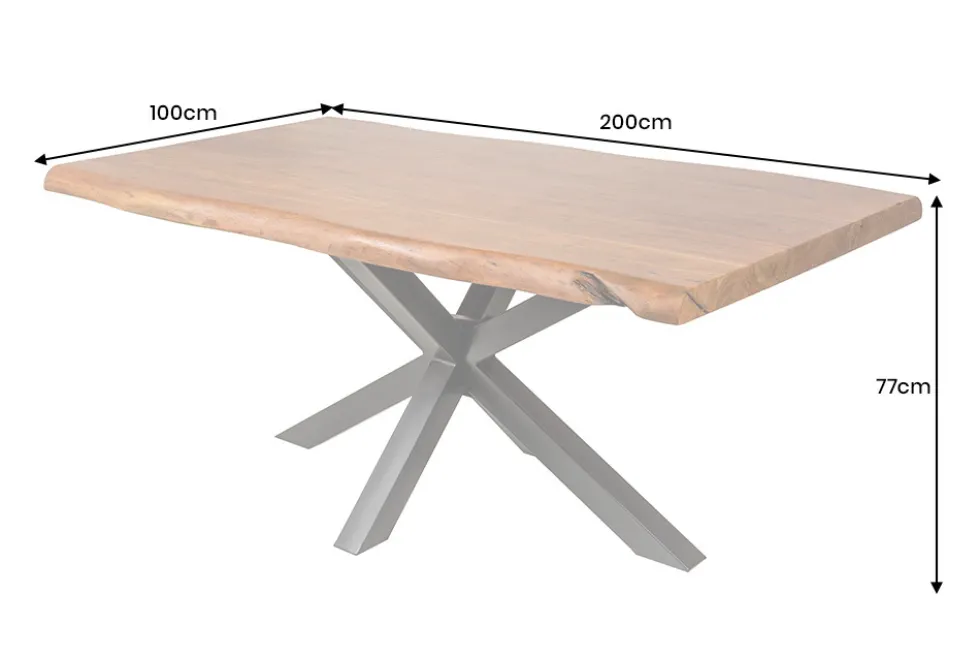 Massivholz Esstisch MAMMUT 200cm natur Akazie schwarz Metall Sterngestell Baumkante