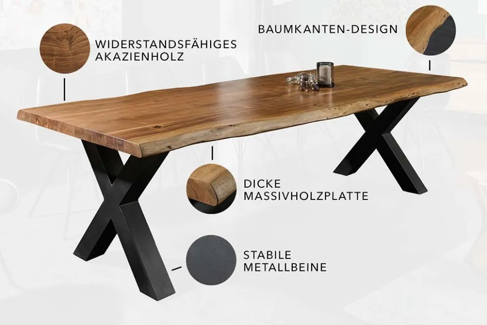 Massivholz Esstisch MAMMUT 200cm natur Akazie schwarz Baumkante 6cm Tischplatte