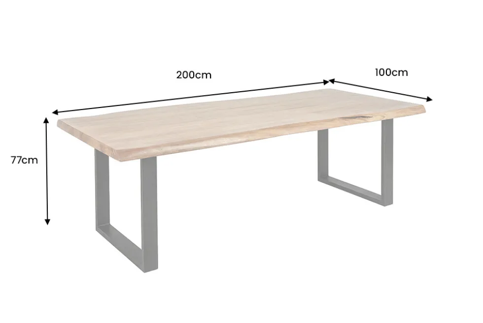 Massivholz Esstisch MAMMUT 200cm Akazie U-Gestell schwarz Metall Baumkante 6cm Tischplatte