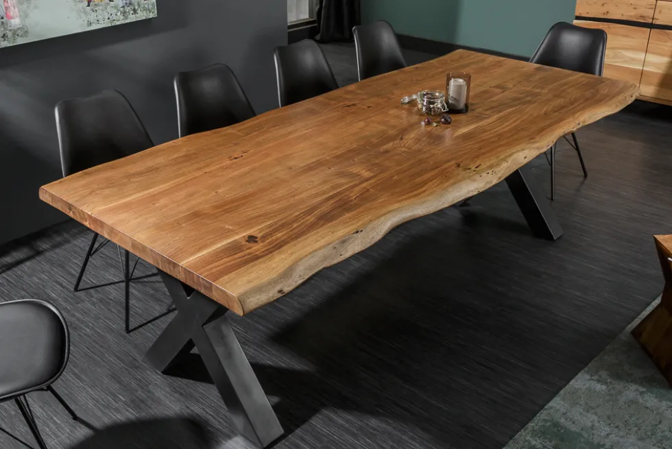 Massivholz Esstisch MAMMUT 180cm Akazie X-Gestell schwarz Baumkante 6cm Tischplatte