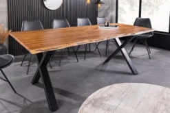 Massivholz Esstisch MAMMUT 160cm Akazie Baumkante X-Gestell Industrial Design 2,6 cm Platte