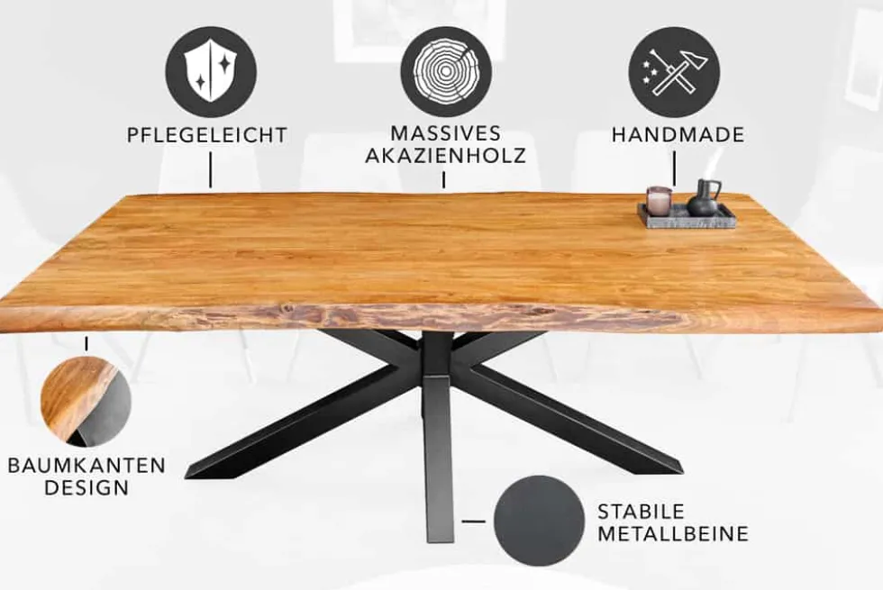 Massivholz Esstisch MAMMUT 200cm Akazie schwarz Metall Baumkante 5cm Tischplatte