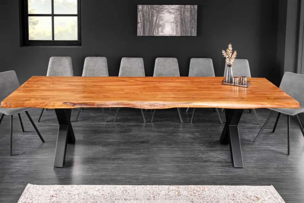 Massivholz Esstisch MAMMUT 300cm Akazie X-Gestell schwarz Metall Baumkante 6cm Tischplatte