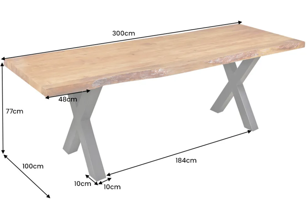 Massivholz Esstisch MAMMUT 300cm Akazie X-Gestell schwarz Metall Baumkante 6cm Tischplatte