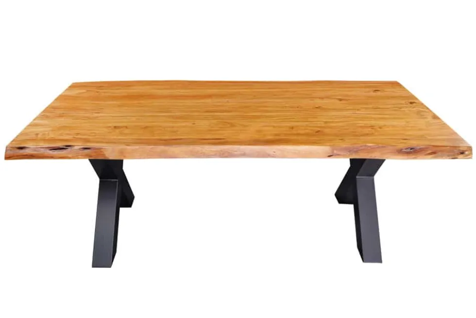 Massivholz Esstisch MAMMUT 200cm Akazie X-Gestell schwarz Metall Baumkante 5cm Tischplatte