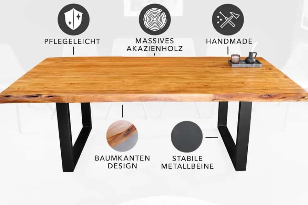 Massivholz Esstisch MAMMUT 200cm Akazie U-Gestell schwarz Metall Baumkante