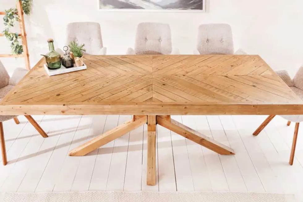Massivholz Esstisch MOSAIK 160cm natur Pinienholz recycelt Sterngestell