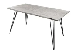 Massivholz Esstisch SCORPION 140cm grau Akazie Baumkante schwarze Metallbeine Hairpin Legs