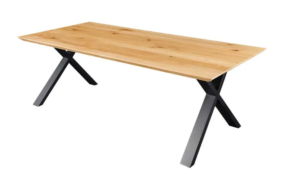 Massivholz Esstisch WILD OAK 160cm natur Wildeiche Schweizer Kante X-Gestell