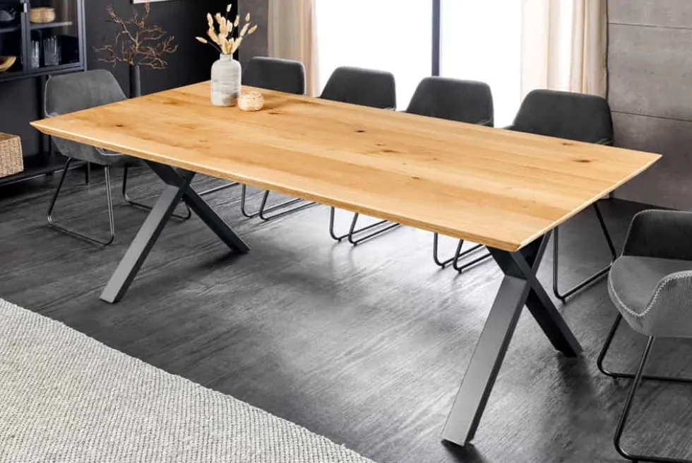 Massivholz Esstisch WILD OAK 160cm natur Wildeiche Schweizer Kante X-Gestell