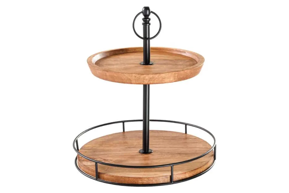 Massivholz Etagere PURE NATURE 40cm Mango rund mit zwei Etagen schwarzes Metall