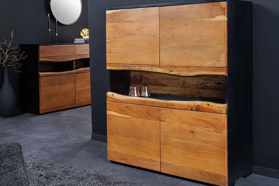 Massivholz Highboard GRAND ACACIA 120cm braun Akazie mit LED-Beleuchtung Baumkante
