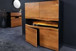 Massivholz Highboard GRAND ACACIA 120cm braun Akazie mit LED-Beleuchtung Baumkante
