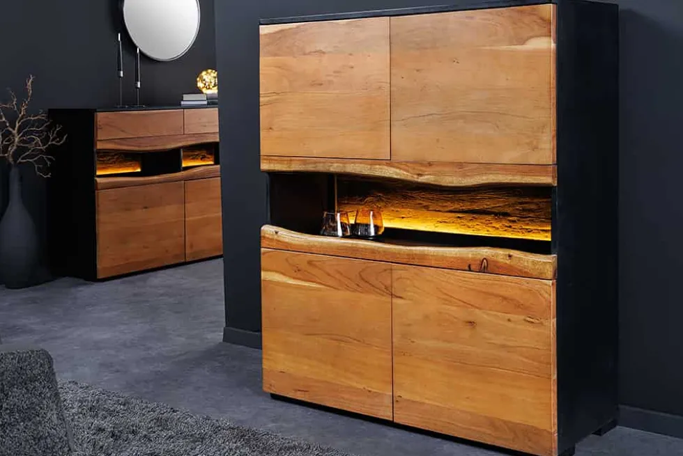 Massivholz Highboard GRAND ACACIA 120cm braun Akazie mit LED-Beleuchtung Baumkante