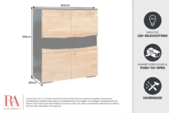 Massivholz Highboard GRAND ACACIA 120cm braun Akazie mit LED-Beleuchtung Baumkante