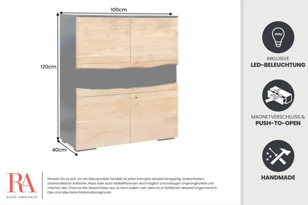 Massivholz Highboard GRAND ACACIA 120cm braun Akazie mit LED-Beleuchtung Baumkante