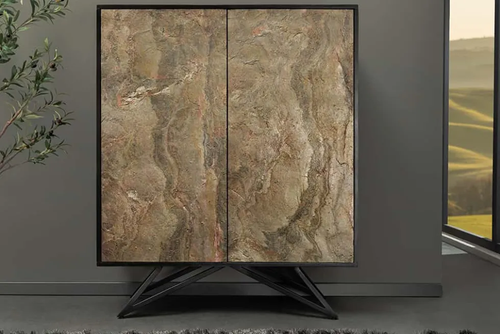 Massivholz Highboard MOUNTAIN SOUL 120cm grau grün marmoriert Steinfurnier Akazie