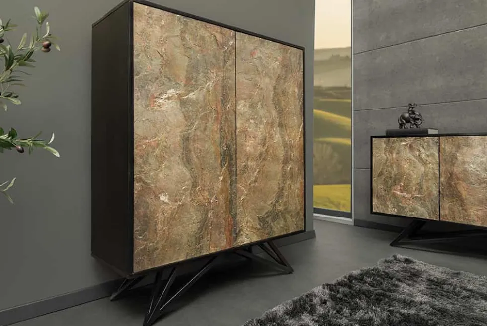 Massivholz Highboard MOUNTAIN SOUL 120cm grau grün marmoriert Steinfurnier Akazie