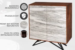 Massivholz Highboard MOUNTAIN SOUL 120cm echter Naturstein weiß Akazie Schrank Marmor-Design