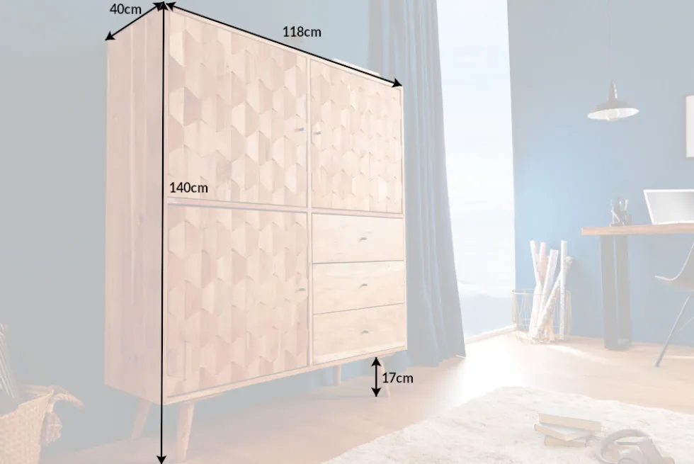 Massivholz Highboard MYSTIC LIVING 140cm Akazie natur 3D-Oberfläche