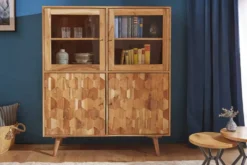 Massivholz Highboard MYSTIC LIVING 140cm Akazie natur Vitrine 3D-Oberfläche