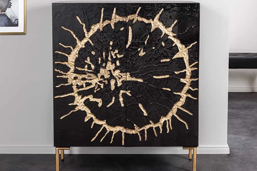 Massivholz Highboard THE CIRCLE 120cm schwarz gold Mango Metall Retro