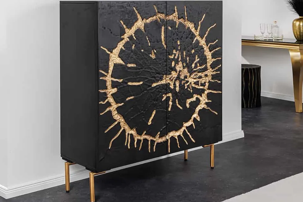 Massivholz Highboard THE CIRCLE 120cm schwarz gold Mango Metall Retro