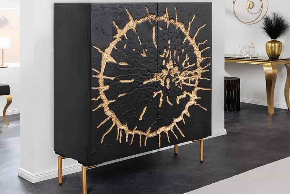 Massivholz Highboard THE CIRCLE 120cm schwarz gold Mango Metall Retro