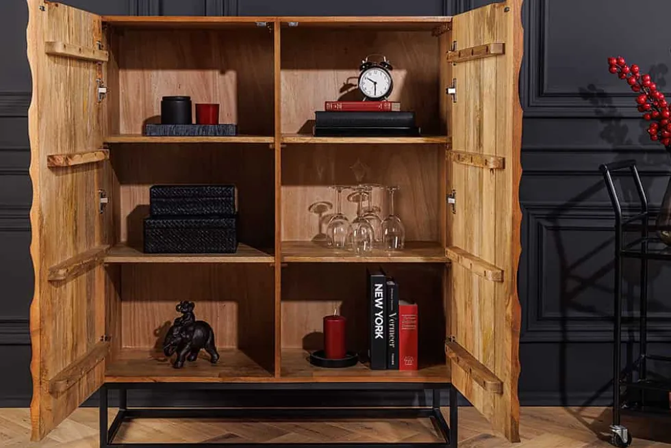 Massivholz Highboard VULCANO 120cm braun Mangoholz mit 3D Schnitzereien handmade Metallgestell schwarz