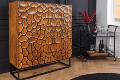 Massivholz Highboard VULCANO 120cm braun Mangoholz mit 3D Schnitzereien handmade Metallgestell schwarz