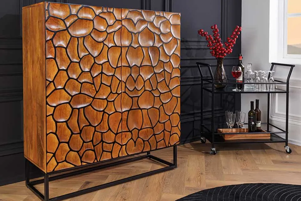Massivholz Highboard VULCANO 120cm braun Mangoholz mit 3D Schnitzereien handmade Metallgestell schwarz