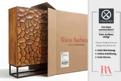 Massivholz Highboard VULCANO 120cm braun Mangoholz mit 3D Schnitzereien handmade Metallgestell schwarz