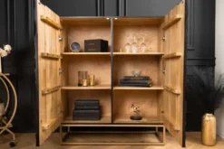 Massivholz Highboard VULCANO 120cm weiß schwarz Mangoholz mit 3D Schnitzereien handmade Metallgestell gold