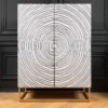 Massivholz Highboard ZEN CIRCLES 120cm weiß schwarz Mangoholz 3D-Design Metall gold