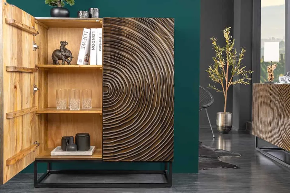 Massivholz Highboard ZEN CIRCLES 120cm dunkelbraun Mangoholz 3D-Design
