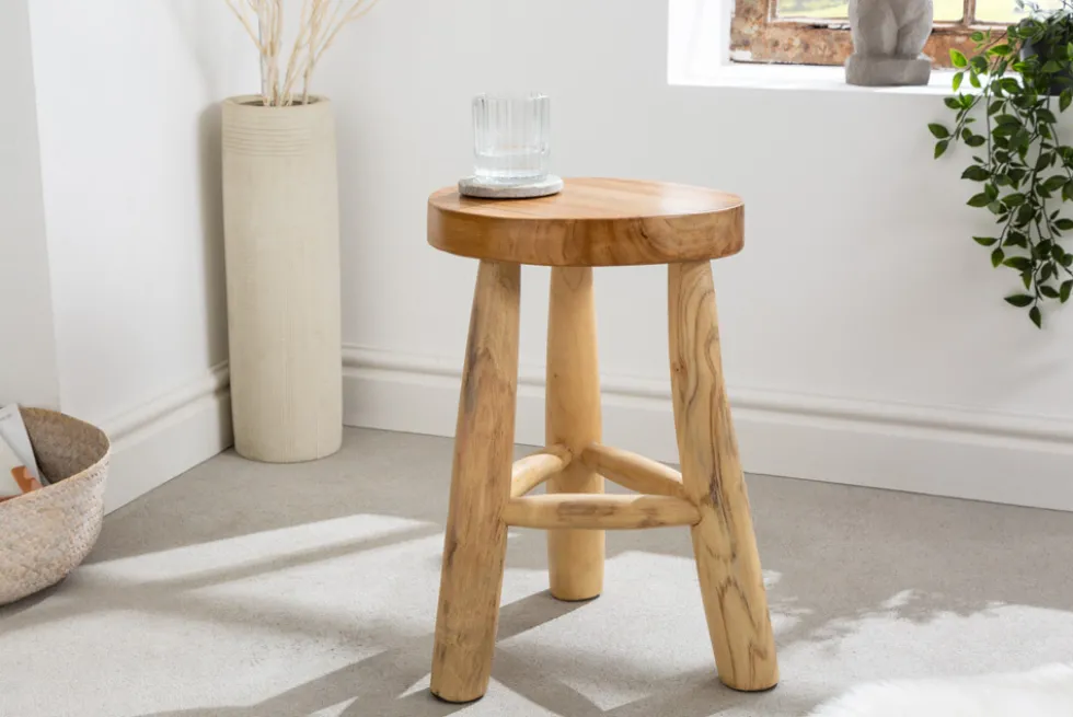 Massivholz Hocker BALI 45cm natur rund Teakholz Beistelltisch Sitzhocker Nachttisch