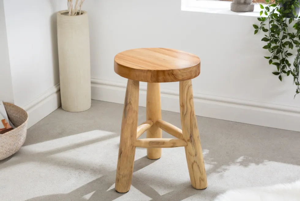 Massivholz Hocker BALI 45cm natur rund Teakholz Beistelltisch Sitzhocker Nachttisch