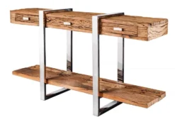 Massivholz Konsolentisch BARRACUDA 140cm braun Teakholz silber Edelstahl verchromt mit Schubladen