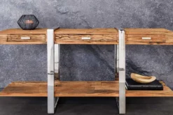 Massivholz Konsolentisch BARRACUDA 140cm braun Teakholz silber Edelstahl verchromt mit Schubladen