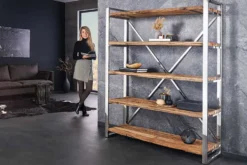Massivholz Regal BARRACUDA 185cm braun Teakholz silber Edelstahl verchromt Bücherregal