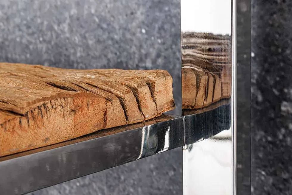 Massivholz Regal BARRACUDA 185cm braun Teakholz silber Edelstahl verchromt Bücherregal
