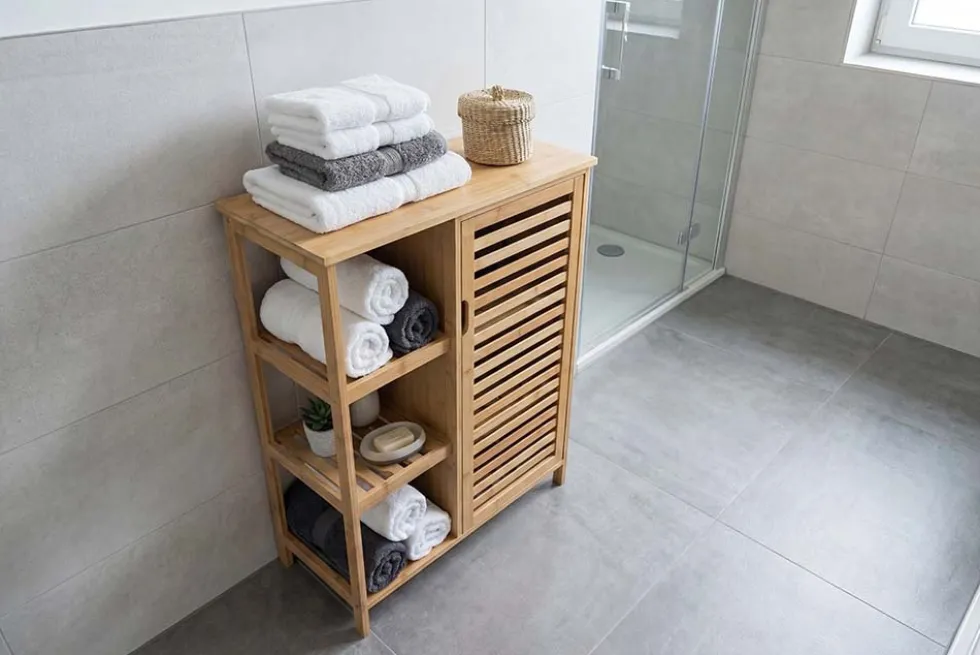 Massivholz Regal ZEN-BO 90cm natur Bambus mit Lamellentür