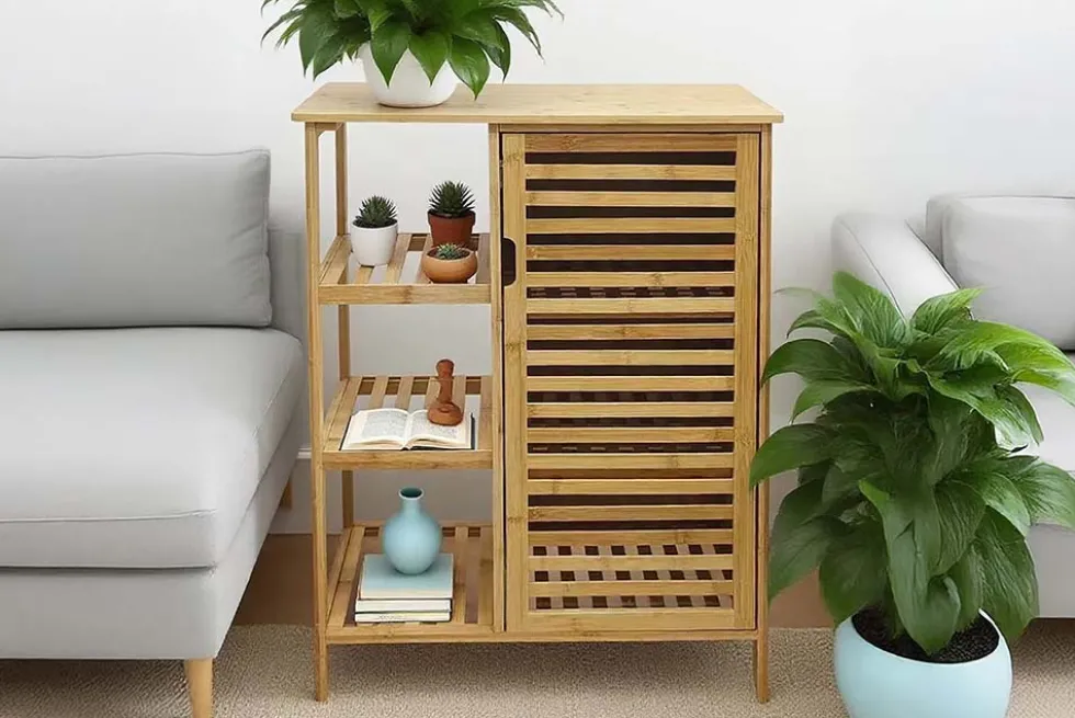 Massivholz Regal ZEN-BO 90cm natur Bambus mit Lamellentür